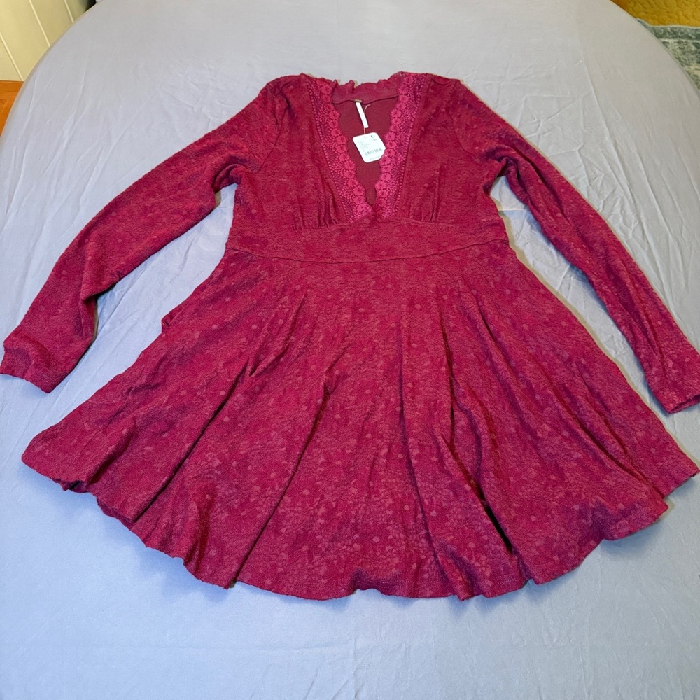 Free People
All Yours Mini Dress Long Sleeve Lace Trim V neck NWT Size Large